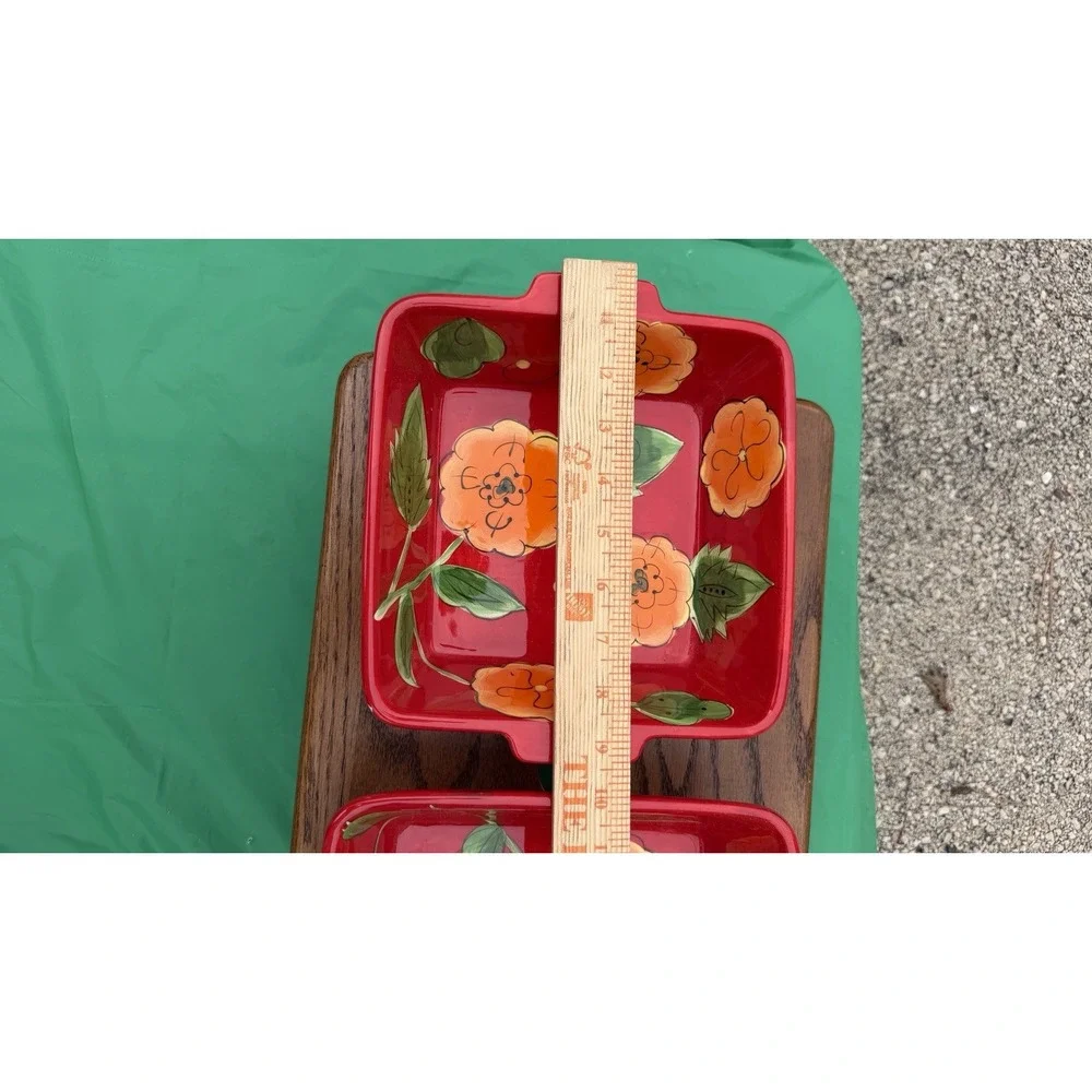 Temp-tations Poppy Passion 2 Qt Square Bowls Set‎ of 2 Red Floral Bakeware